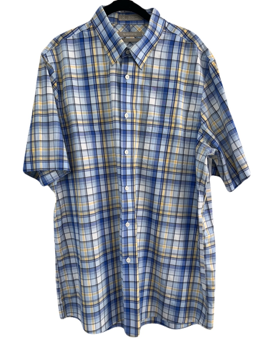 Nordstrom Blue Plaid Regular Fit Short Sleeve Button Down Shirt, Size XL